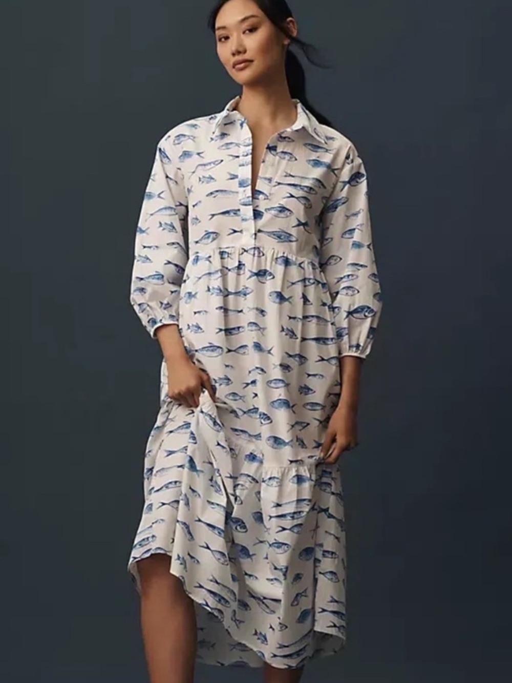 Anthropologie Maeve Bettina White Dress with Blue Fish Print Size XL